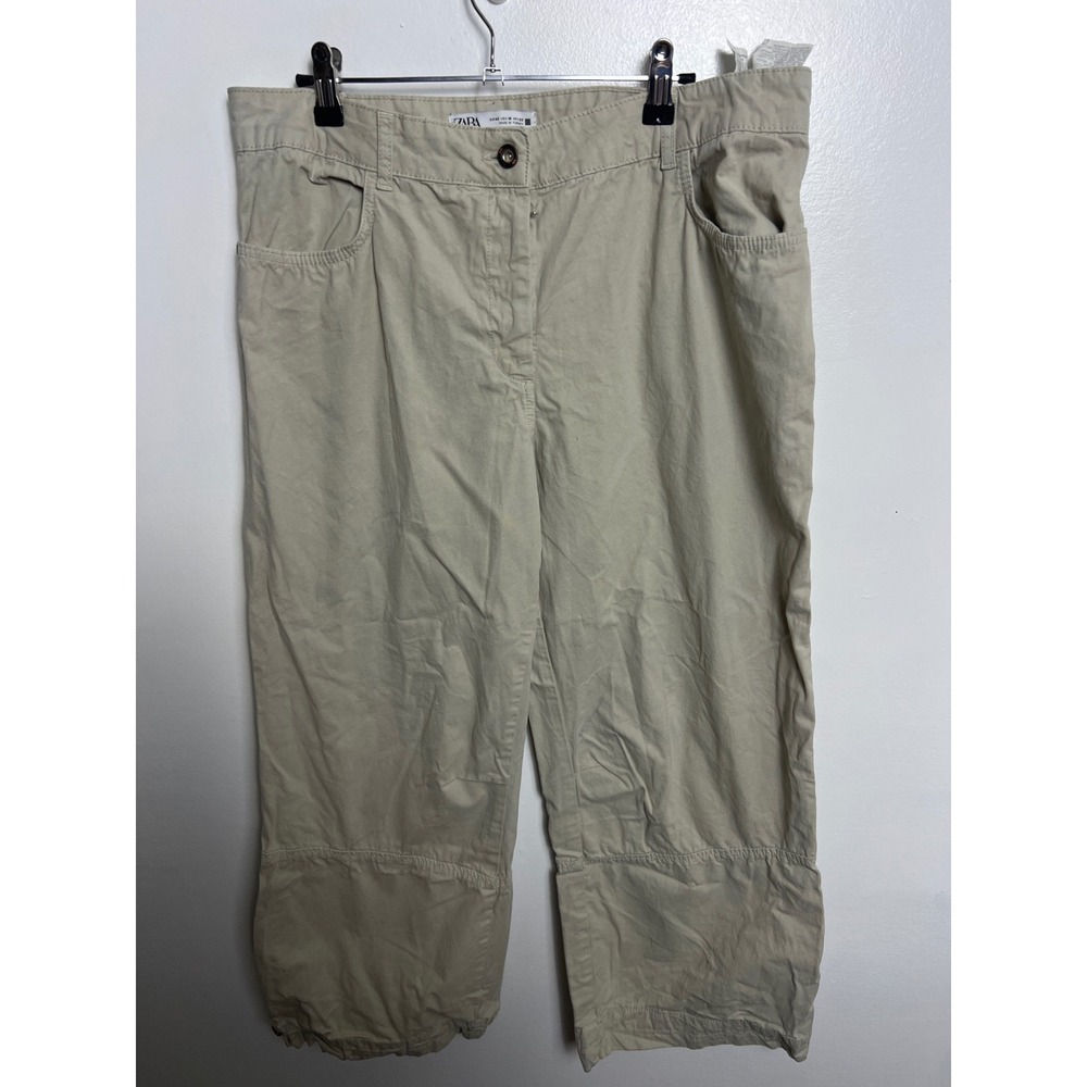 Zara Khaki Tan Cotton Cargo Pants Toggle Hem Women 10 Utility Cropped Parachute